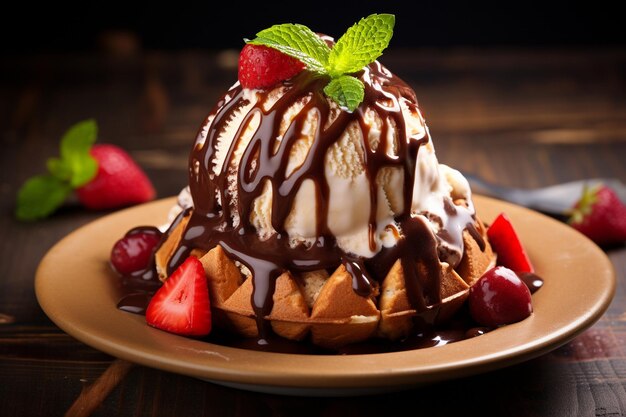 Background with waffle and chocolate ice cream