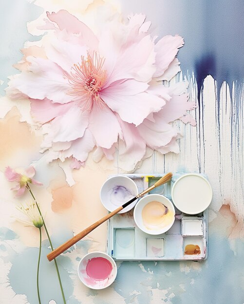 사진 꽃과 페인트의 수채화 얼룩이 있는 배경