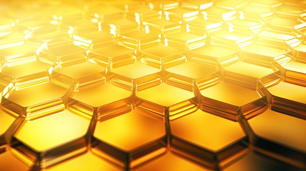 Background with yellow hexagons arranged in a diamond pattern with a mirror effect and radial blur