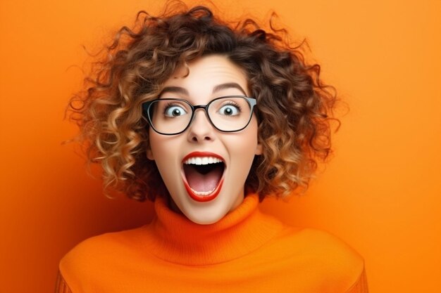 Photo background woman curly fashion beauty amazed portrait female shocked happy excited person surprised young style hairstyle wow face model expression hair fun stylish