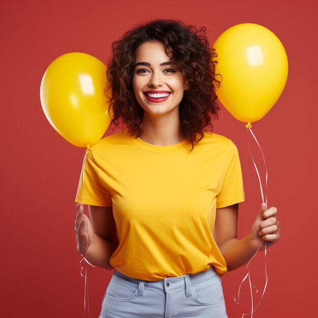 Background of a woman wearing a plain tshirt and holding a balloon