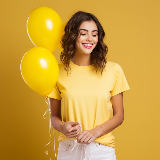 Background of a woman wearing a plain tshirt and holding a balloon