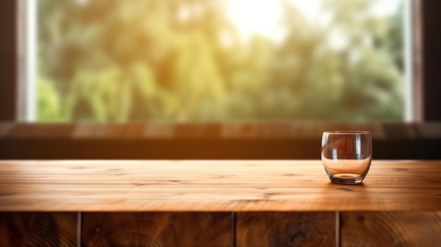 Background of a wood table and a window with light Generative Ai