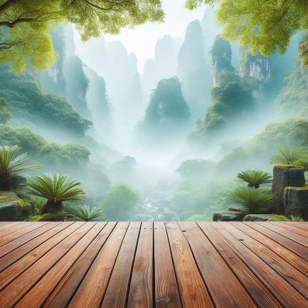 background wooden b A wide wooden base followed by a misty view of a wonderful lush garden