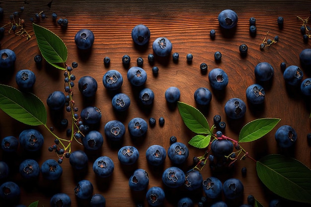 Background of a wooden table with blueberries