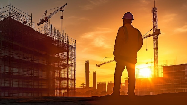 Photo background of a worker inspecting a project at a construction site building site at sunset generative ai