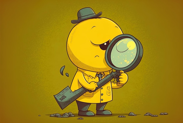 Photo on a background of yellow a cartoon is holding a stack of 100 dollars and a magnifying glass