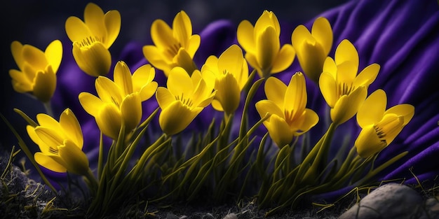 Background of yellow crocuses closeup