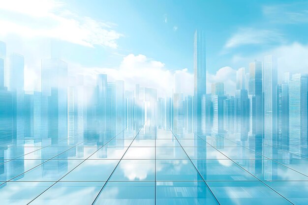 backgroundcityscape of futuristic skyscrapersglass structures against serene sky with soft cloudsshowcasing cuttingedge design and technological progress in urban developmentdelicate blue tones