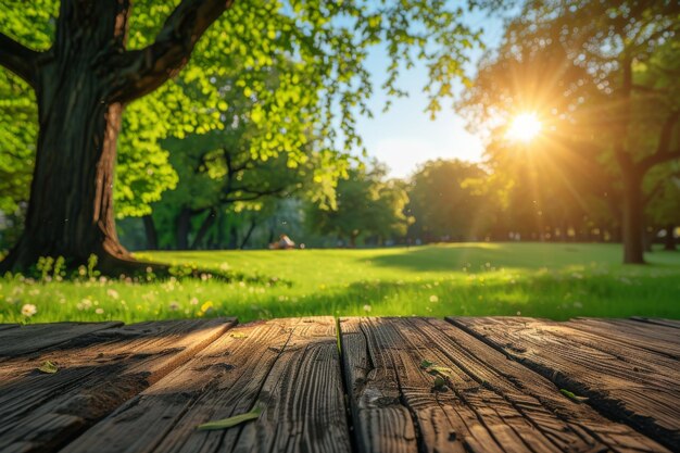 Backgrounds Empty rustic wooden table on green forest for mockup product display