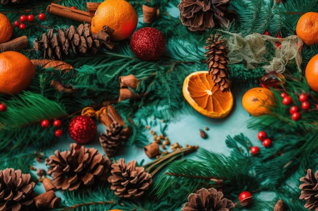 Backgrounds for the New Year and Christmas as well as decorations on a white table with green fir branches pine cones a gnome and oranges Flay lied