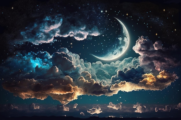 Фоны ночного неба со звездами, луной и облаками. Элементы этого изображения предоставлены НАСА.