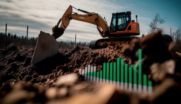 Foto una terna in un cantiere edile con una recinzione verde sullo sfondo.