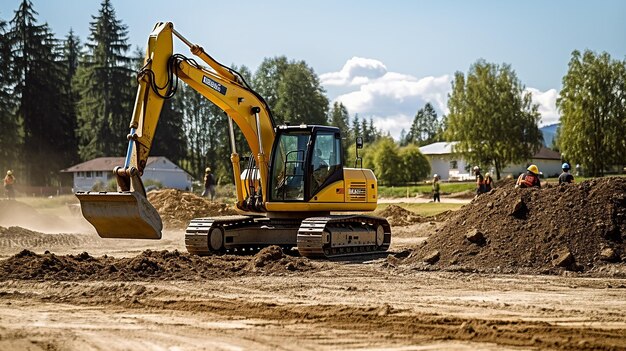 Photo backhoes actively excavating the earth and preparing the ground