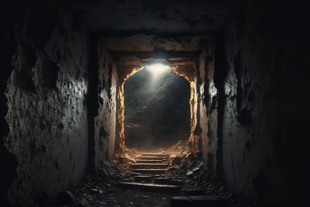 In backlight a dark abandoned coal mine is eerie