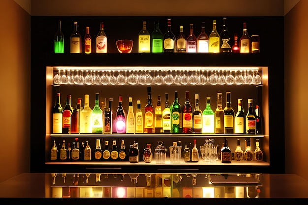 Photo backlighted bottles club bar background