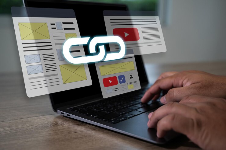 Backlinks laptop to access a website and the website is linked Backlinks Technology Online Web