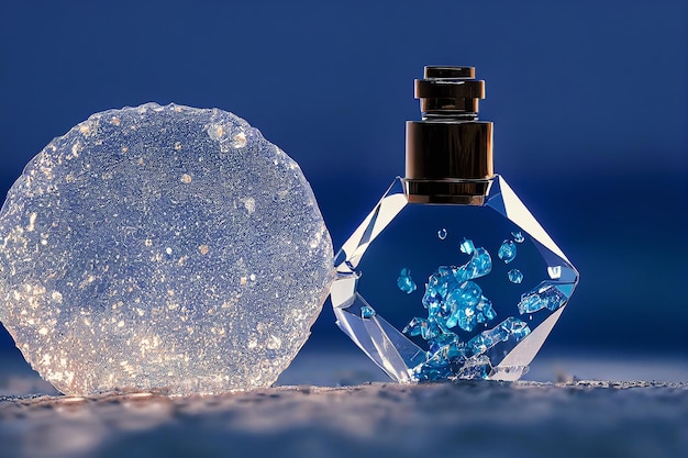 Фото Синий хрустальный флакон духов с подсветкой и ледяной светящийся шар концепция свежего зимнего аромата