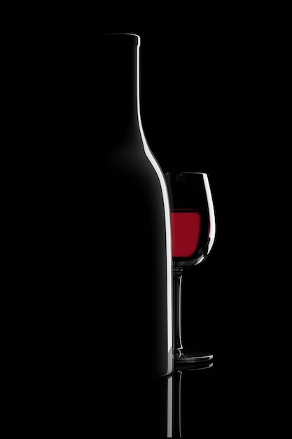 Backlit bottle and glass of red wine isolated on black.