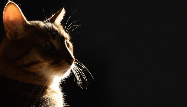 Backlit cat portrait on black background with space for text