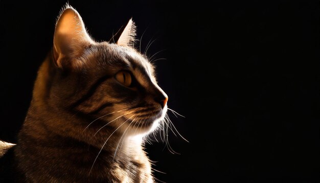 Photo backlit cat portrait on black background with space for text