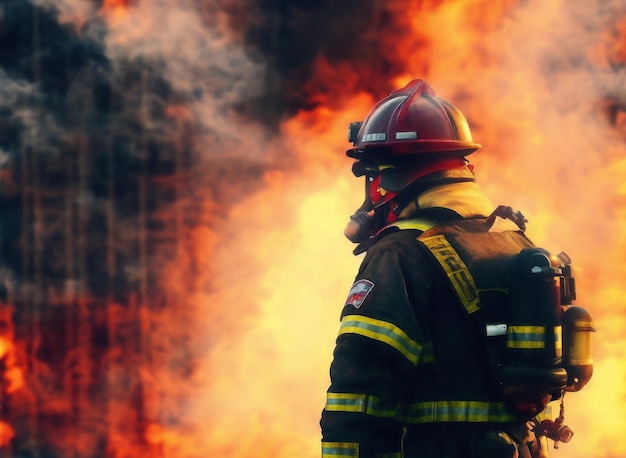 Backlit of a fireman with fire background created with generative AI technology