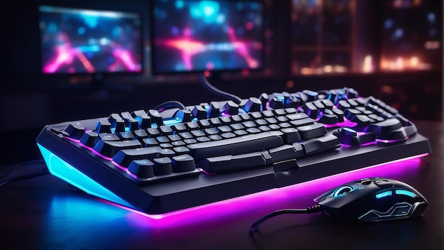 Photo a backlit gaming keyboard and mouse on a desk