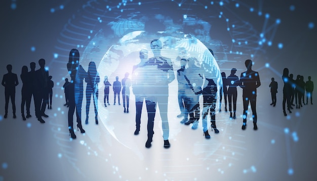 Backlit group of businesspeople standing on light background with glowing digital global network hologram Teamwork and digital communication concept Double exposure