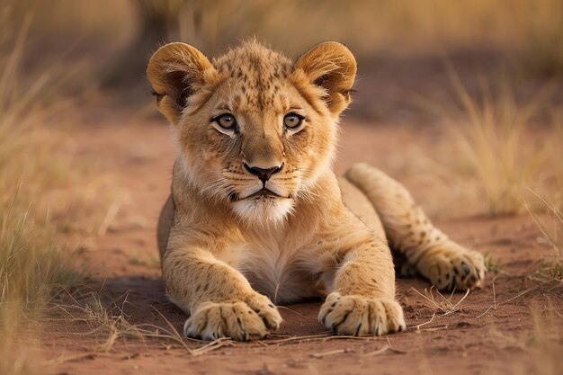 Photo backlit lion cub in the savannah cub sits in thick bushes