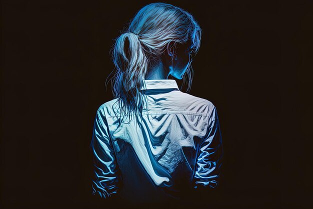 Backlit neon portrait of a young woman in a white Tshirt superimposed over a dark blue backdrop