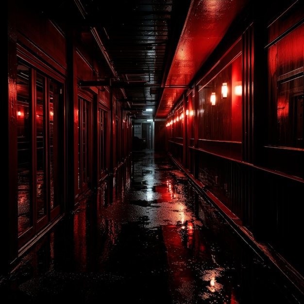 Backlit photo of a dark hallway on a rainy day