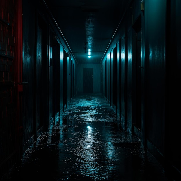 Backlit photo of a dark hallway on a rainy day