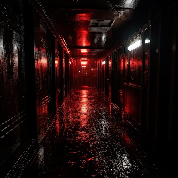 Backlit photo of a dark hallway on a rainy day