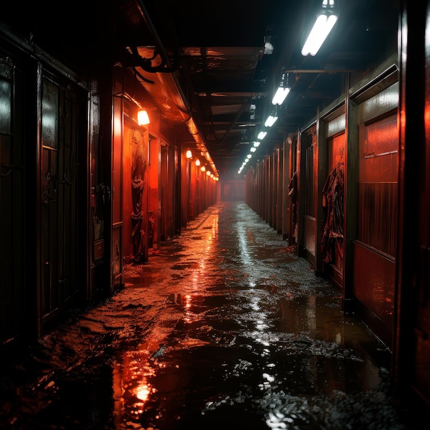 Backlit photo of a dark hallway on a rainy day