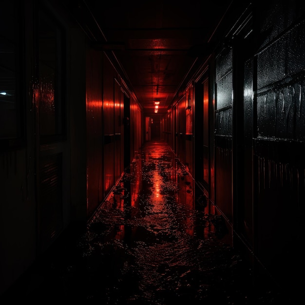 Backlit photo of a dark hallway on a rainy day