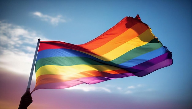 Photo backlit rainbow gay pride flag waving in the breeze against a sunset sky the generative ai