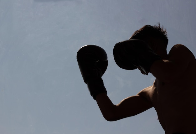 Backlit silhouette of male boxer in fighting stance with fists up