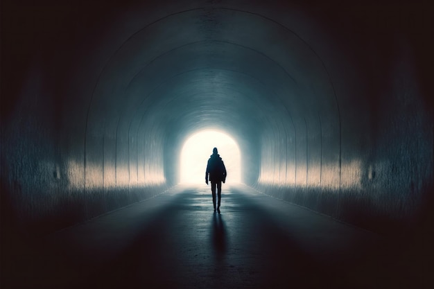 Backlit silhouette of a man walking in a dark tunnel towards the