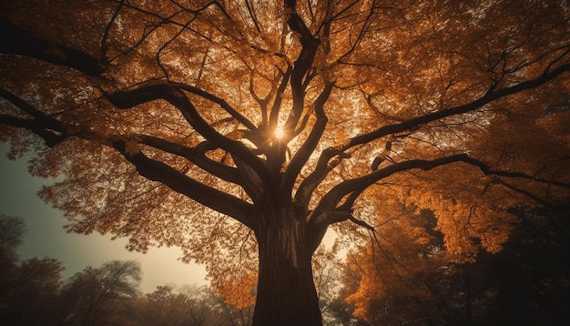 Backlit tree trunk illuminated by autumn sunset generated by AI