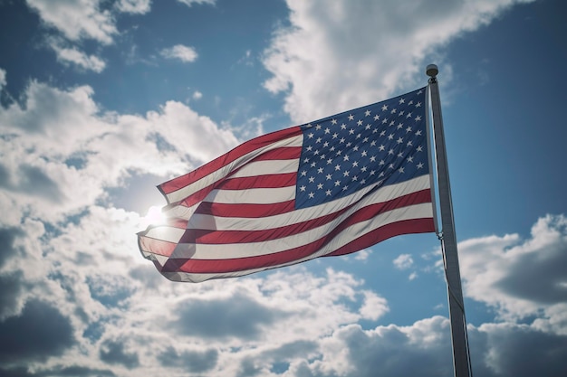 Backlit us national flag flying and waving in the wind over gray stormy cloudy sky symbol of american patriotism low angle generate ai