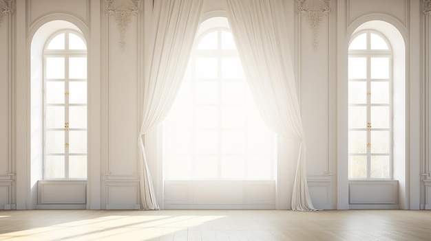 Заднесветленное окно с белыми шторами в пустой комнате с солнечным светом