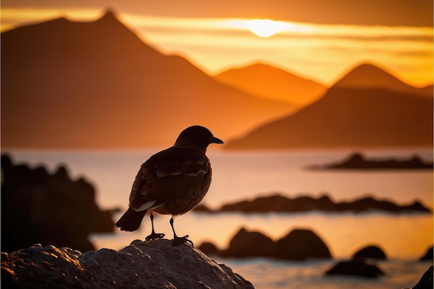 Backlit with a seagull in the foreground and a amazing golden sunset in the background Generative AI