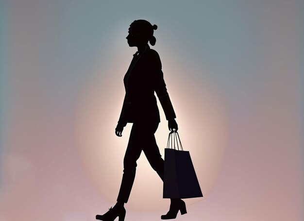 Backlit woman silhouette walking with a paper shopping bag with copy space