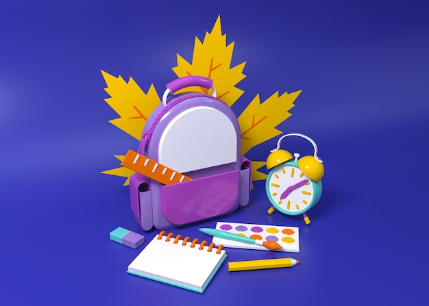 The backpack and alarm clock is surrounded by school suppliesd 3d concept illustration