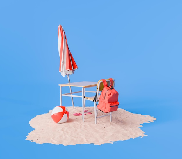 Backpack and Beach Accessories on Sand Against Blue Background