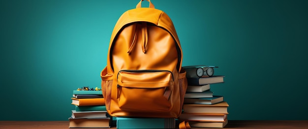 a backpack and books on a table