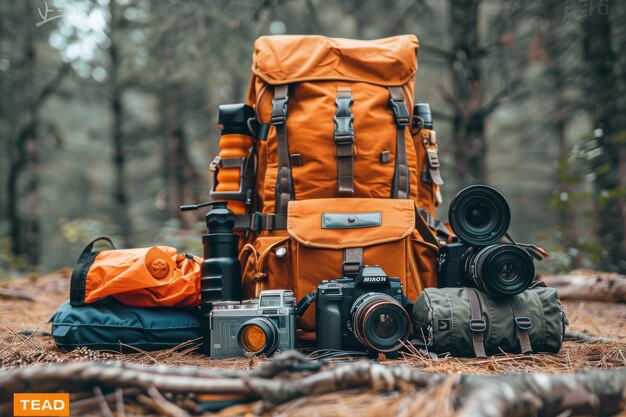 Backpack Camera and Boots in Woods