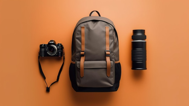 Рюкзак, фотоаппарат, фотоаппарат и еще раз фотоаппарат разложены на оранжевой поверхности.
