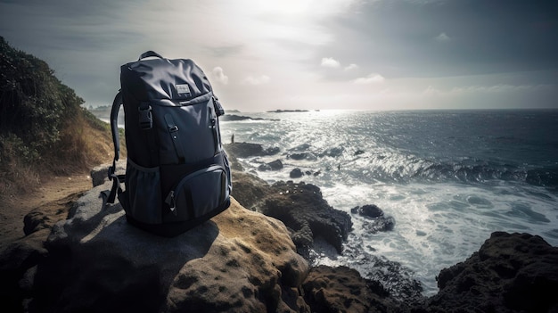 A backpack on a cliff with the ocean in the background