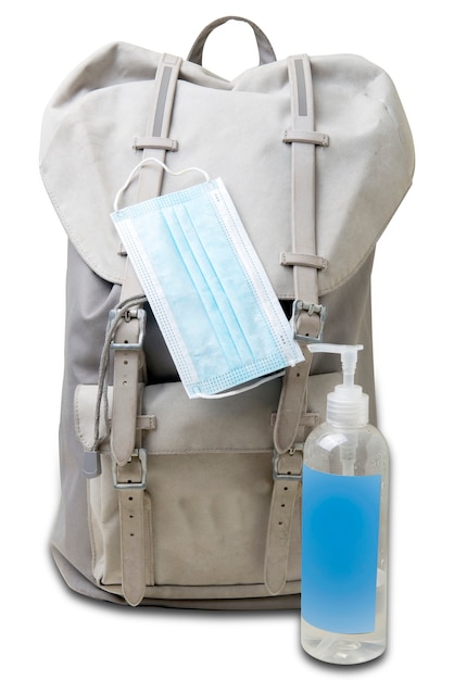 Backpack, face mask and hand sanitizer isolated